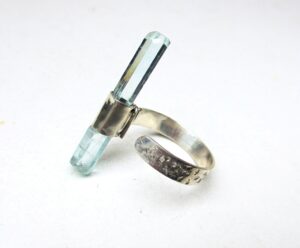 Raw aquamarine bar crystal ring, sterling silver ring adjustable in siZes 16-21