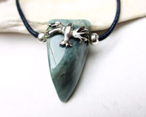 Blue water Guatemalan jadeite necklace, sterling silver bird fused from cuttings, dark blue leather cord