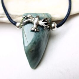 Blue water Guatemalan jadeite necklace, sterling silver bird fused from cuttings, dark blue leather cord