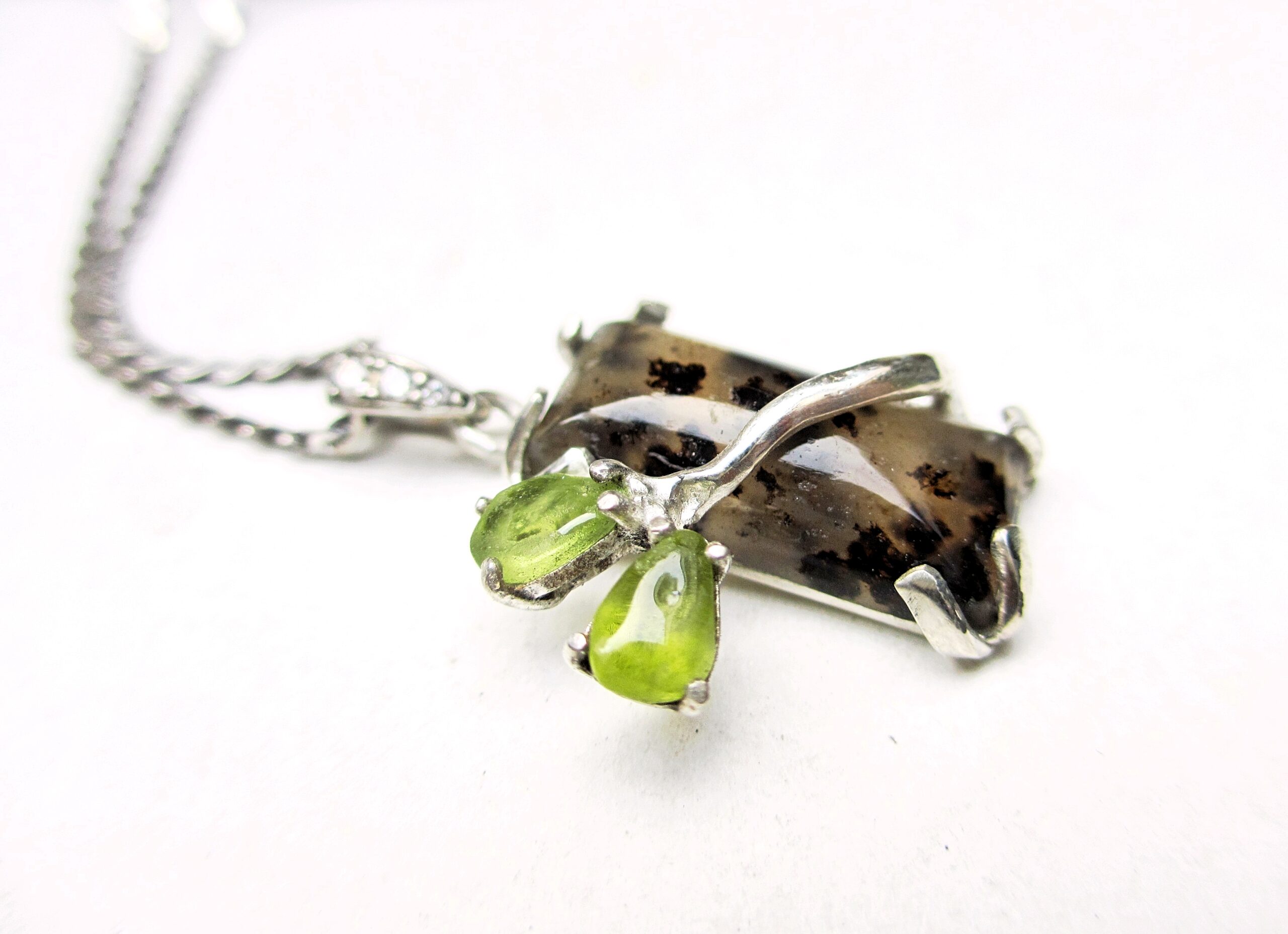 Branch Pendant Dendritic Agate Peridot, sterling silver