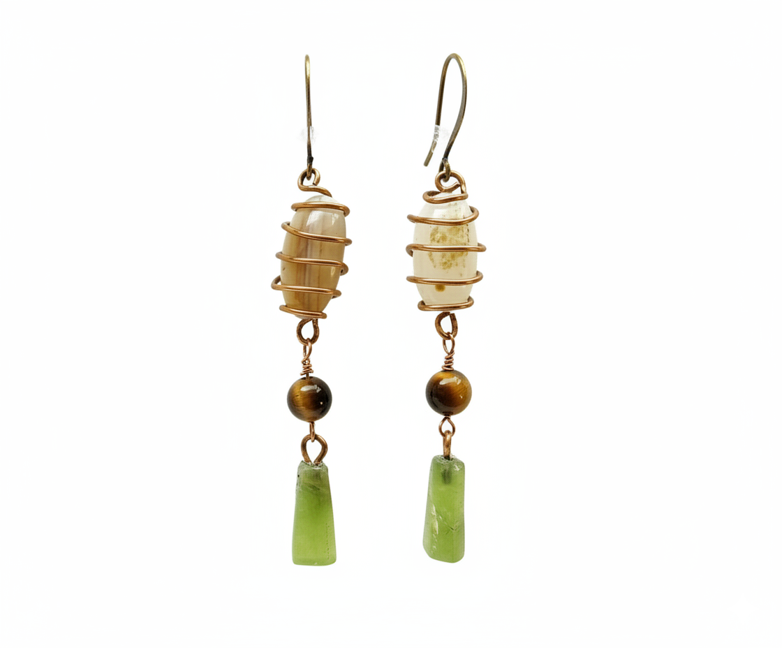 Earthy stone dangle earrings copper, drop length 35 mm