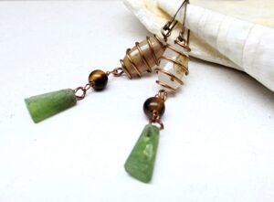Earthy stone dangle earrings copper drop length 35 mm
