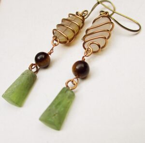 Earthy stone dangle earrings copper drop length 35 mm