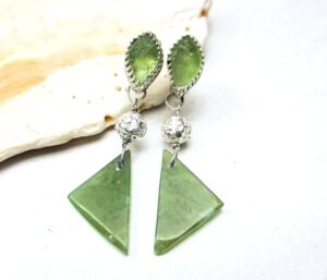 Green gemstone triangle dangles, sterling silver, wyoming jade, pakistani peridot, sterling bead